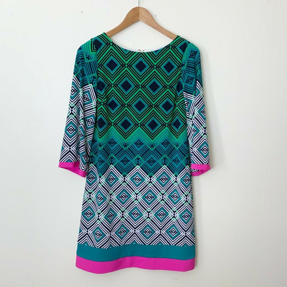 Eliza J geometric print dress size 6 knee length bell 3/4 sleeve lined zip back
